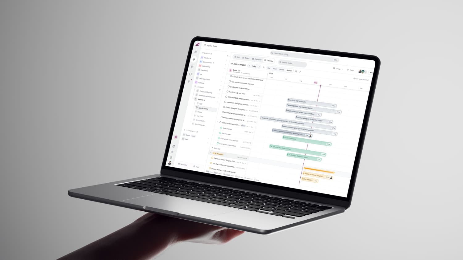 Workexis timeline view on a laptop held in one hand